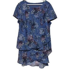 Lady Dorby Womens Vintage Blue Floral Crinkle Chiffon Short Sleeve Skirt Set 22W